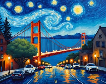 San Francisco / Inspirado en Van Goh / Impresión de arte digital / Arte mural / Generado por IA / Arte con IA / Descarga digital / Decoración del hogar / Arte imprimible