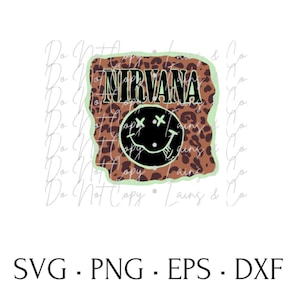 May include: A digital design featuring the word "NIRVANA" in black text on a brown leopard print background. A black smiley face with green eyes and an X over each eye is in the center of the design.