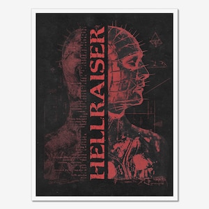 May include: A red and black poster featuring a profile of a figure with a grid-like pattern on the head. The word "HELLRAISER" is printed vertically in red. The background is dark with a textured appearance.