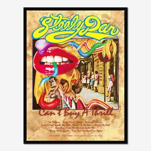 Puede incluir: Un póster vintage enmarcado de la banda Steely Dan. El póster presenta el nombre de la banda en una fuente psicodélica amarilla y azul, con una boca roja abierta y líneas onduladas coloridas. El título "Can't Buy A Thrill" también es visible.