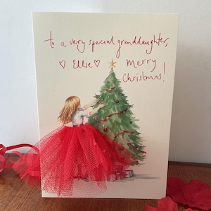 Carte de Noël 3D personnalisée pour petite-fille Carte de jupe tutu pour petite fille robe rouge cheveux blonds | carte personnalisée a5 | livraison gratuite !