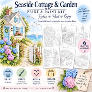 May include: A Seaside Cottage & Garden Print & Paint Kit featuring six coastal coloring outlines. The kit includes a colorful illustration of a cottage by the sea, icons for printing and painting, and a tag with the text A little creativity makes a happier day.