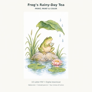 May include: A watercolour illustration titled Frog’s Rainy-Day Tea, Print, Paint & Colour. A green frog sits on a rock in water, holding a small teacup under a large leaf with blue raindrops. Includes a pink water lily, lily pads, and tall grass.