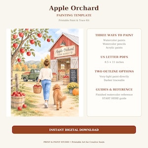 Op de afbeelding: Apple Orchard schildersjabloon printbare verf- en overtrekset. De afbeelding toont een persoon die naar een rode schuur loopt met een hond, met een mand vol rode appels. Tekst bevat Apple Orchard, Farm Market en Fresh Apples Good Things Happen Here. Inclusief US Letter PDF's 21,59 x 27,94 cm.
