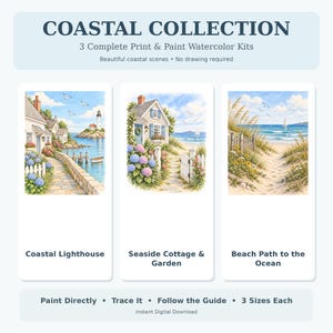 May include: Coastal Collection 3 Complete Print & Paint Watercolor Kits featuring three distinct scenes: Coastal Lighthouse, Seaside Cottage & Garden, and Beach Path to the Ocean. The kit includes instructions to paint directly, trace, or follow the guide.