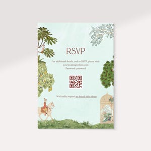 May include: A blue and white RSVP card with a QR code and the text "RSVP" in brown. The text below the QR code reads "For additional details, and to RSVP, please visit: yourweddingwebsite.com Password: password We kindly request no boxed gifts please."