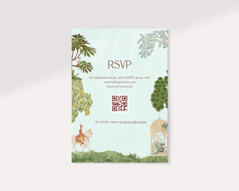 May include: A blue and white RSVP card with a QR code and the text "RSVP" in brown. The text below the QR code reads "For additional details, and to RSVP, please visit: yourweddingwebsite.com Password: password We kindly request no boxed gifts please."