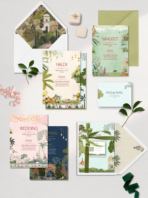 Tropical Rajasthani Pichwai-Inspired Indian Wedding Invitation Suite | Customized Hindu Wedding Cards | 7-Page Luxury Suite | Made to Order