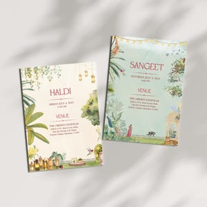 May include: Two invitations for a Haldi and Sangeet ceremony. The invitations feature a green and blue floral design with a peacock and other birds. The text on the invitations reads "Haldi" and "Sangeet" with the dates and times of the events. The venue is listed as "The Oberoi Udaivilas".