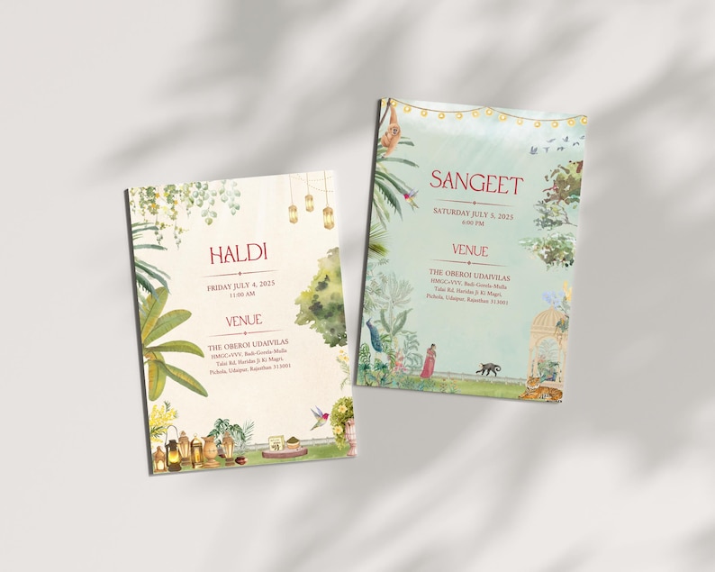 May include: Two invitations for a Haldi and Sangeet ceremony. The invitations feature a green and blue floral design with a peacock and other birds. The text on the invitations reads "Haldi" and "Sangeet" with the dates and times of the events. The venue is listed as "The Oberoi Udaivilas".