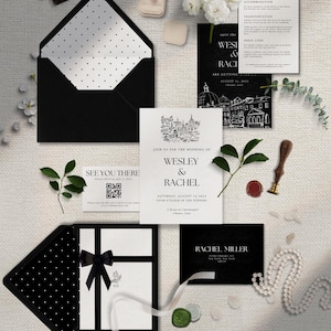 Elegante Black & White Hochzeitseinladung Set | Moderne Luxus Minimalist Save the Date | Personalisierbare Antwortkarten, Details, Anpassungskarten