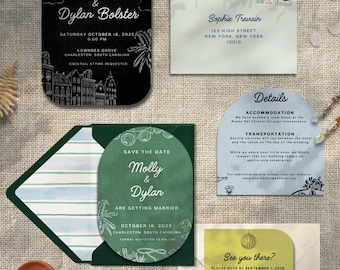 Modern Whimsical Wedding Invitation Suite | Black, Olive Green & Chartreuse | Save the Date, RSVP, Details Card, Botanical | Made to Order