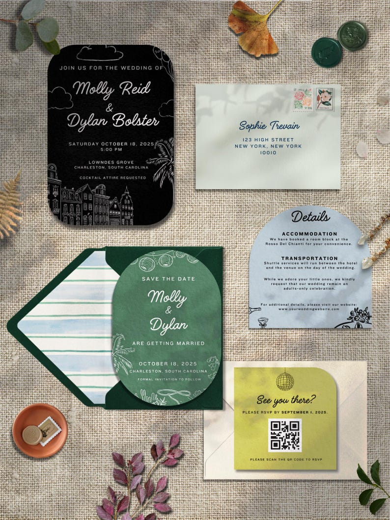 Modern Whimsical Wedding Invitation Suite | Black, Olive Green ...
