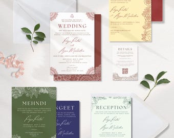 Custom Modern Indian Wedding Invitation Suite Template | Luxury 7-Page Digital Invite for Indian Couples | Hindu Wedding Invitation Set