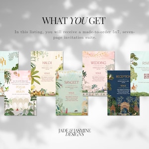 May include: A set of seven 5x7 inch wedding invitation cards with a traditional Indian theme. The cards feature colourful illustrations of peacocks, elephants, and floral patterns. The cards include the following titles: Pooja & Arjun, Haldi, Sangeet, Wedding, Reception, RSVP.