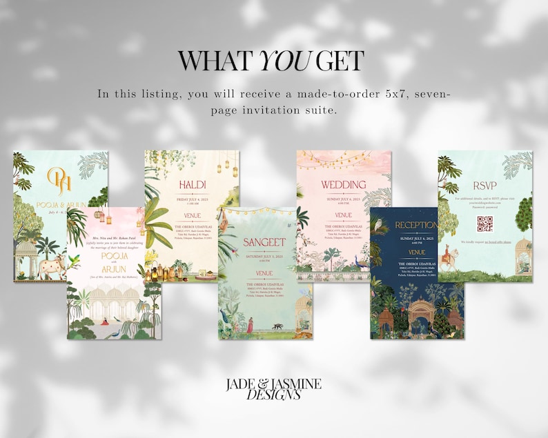 May include: A set of seven 5x7 inch wedding invitation cards with a traditional Indian theme. The cards feature colourful illustrations of peacocks, elephants, and floral patterns. The cards include the following titles: Pooja & Arjun, Haldi, Sangeet, Wedding, Reception, RSVP.