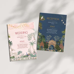 May include: Two wedding invitation cards with a pink and blue background. The cards feature a peacock, floral designs, and the text "Wedding" and "Reception". The venue is listed as "The Oberoi Udaivilas".