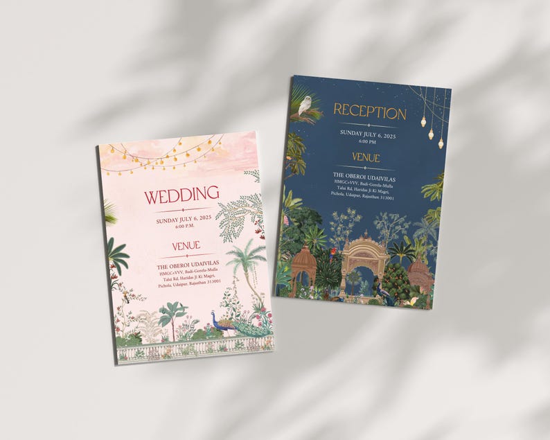 May include: Two wedding invitation cards with a pink and blue background. The cards feature a peacock, floral designs, and the text "Wedding" and "Reception". The venue is listed as "The Oberoi Udaivilas".