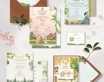 Watercolor Traditional Indian Wedding Invitation Suite | Hindu Wedding Cards | 8-Page Custom Suite | Made to Order Luxury Asian Invitation