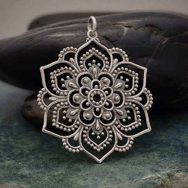 Sterling Silver Mandala, LARGE Openwork Lotus Pendant 37x30mm