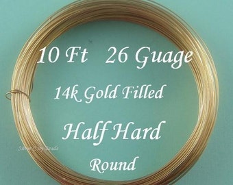 26 g gauge ga, 10 Ft, ,14k Gold Filled Round Wire, Half Hard