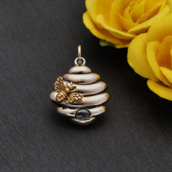 Sterling Silver Beehive Charm with Bronze Bee,