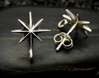 Sterling Silver Star Burst Post Earrings with Loop, Wholesale Earrings, 15x3x2mm