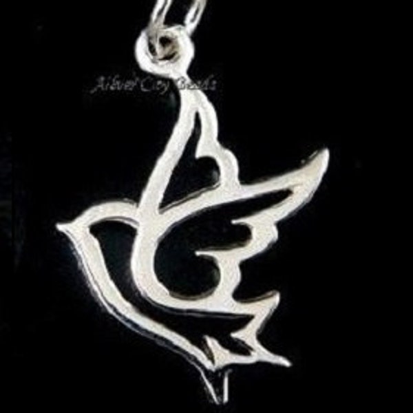 Silver Peace Dove Charm,  LARGE Pendant, Thai Sterling Silver Open Work Dove Charms- 28x19x1mm