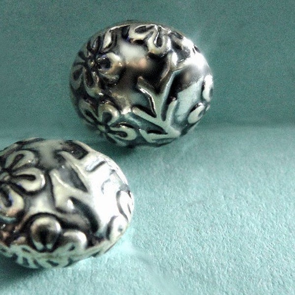 Bali Flower and Branch Beads, Sterling Silver Coin Beads-12x12x5mm, Oxidized Finish