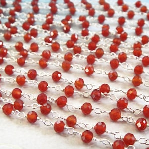 Carnelian Rosary Chain, 925 Sterling Silver Chain Faceted Bead Chain, BULK FOOTAGE, High Quality 3-3.5mm Wire Wrapped Beads,