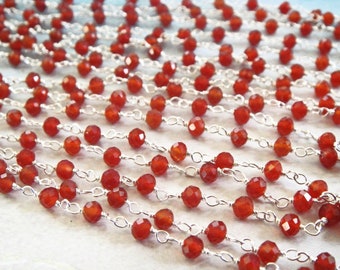 Carnelian Rosary Chain, 925 Sterling Silver Chain Faceted Bead Chain, BULK FOOTAGE, High Quality 3-3.5mm Wire Wrapped Beads,