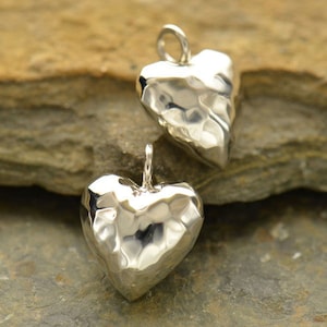 Puffed Heart Charm 15x12mm  Hammered Sterling Silver Select your Size