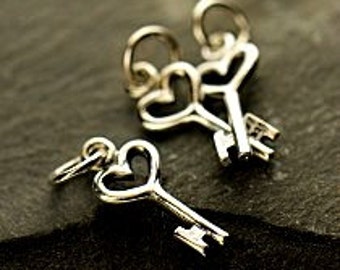 Sterling Silver Tiny Heart Key Charms, 925 Sterling Charms, 1 PC , 17x6x1mm