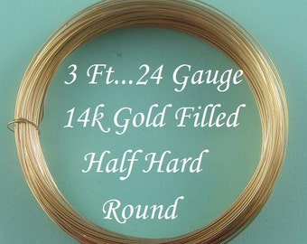 24g gauge ga, 3 Ft, 14k Gold Filled Round Wire, Half Hard