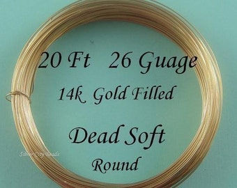 26 g gauge ga, 20 Ft, BULK,14k Gold Filled Round Wire, Dead Soft