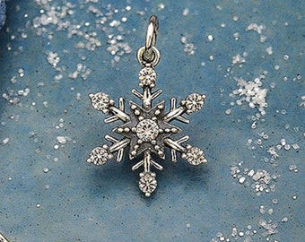 Sterling Silver Snowflake Charm,  MEDIUM Snow Flake with Nano Gems, 1 pc, 21x14x2mm