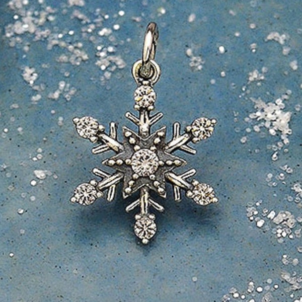 Sterling Silver Snowflake Charm,  MEDIUM Snow Flake with Nano Gems, 1 pc, 21x14x2mm