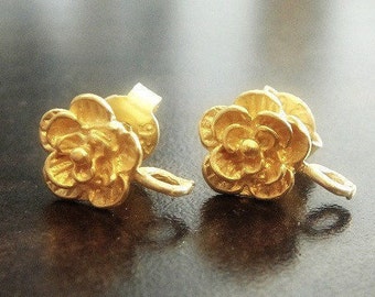 Bali Vermeil Earpost, Rose Post Earrings, 24kt over 925 Sterling Silver, 11x8mm with open loop , 1 pair