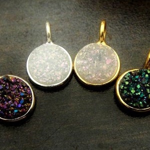 Druzy Drusy... Charm Pendant, White, Purple, Teal, 24kt gold Vermeil and 925 Sterling Silver Bezel Drop, 12x8mm (w/loop) select your color