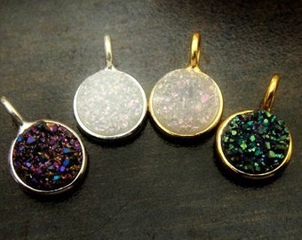 Druzy Drusy... Charm Pendant, White, Purple, Teal, 24kt gold Vermeil and 925 Sterling Silver Bezel Drop, 12x8mm (w/loop) select your color
