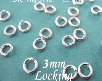 3mm Sterling Silver Locking Jump Ring, 50 pcs, 22 gauge ga g,  aka jump locks,