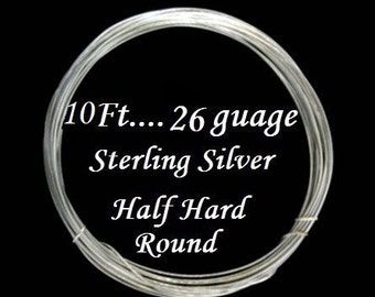 26 g gauge ga, 10 Ft, 925 Sterling Silver  Round Wire,- Half Hard