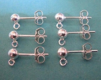 6 Sterling Silver 4mm Ball  Stud Ear Post with Ring