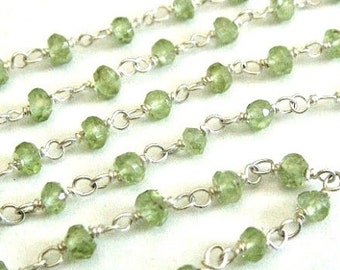 Peridot Rosary Chain, Sterling Silver Faceted Bead Chain, 1 Ft, BULK FOOTAGE, High Quality 3-3.5mm Wire Wrapped Beads, Wholesale Chain