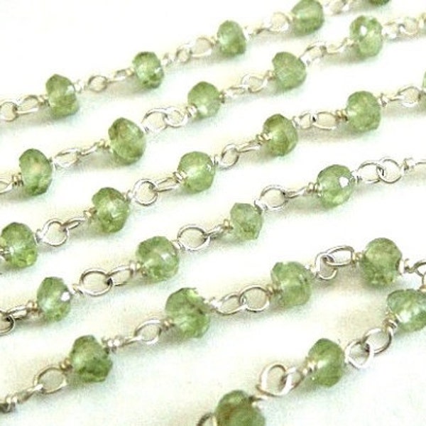 Peridot Rosary Chain, Sterling Silver Faceted Bead Chain, 1 Ft, BULK FOOTAGE, High Quality 3-3.5mm Wire Wrapped Beads, Wholesale Chain