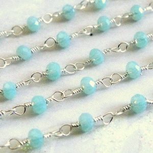 Aqua Chalcedony Rosary Chain, 925 Sterling Silver Chain, 1 Ft, High Quality 3-4mm Wire Wrapped Beads, Brides, Wholesale Chain