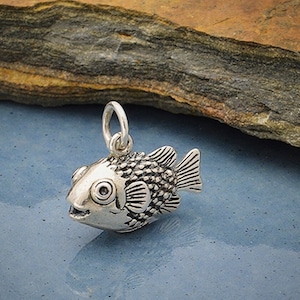 Sterling Silver Puffer Fish Charm, Wholesale Charms, Solid 3D Sea charms, 16x14x6.5mm