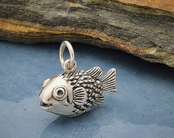 Sterling Silver Puffer Fish Charm, Wholesale Charms, Solid 3D Sea charms, 16x14x6.5mm