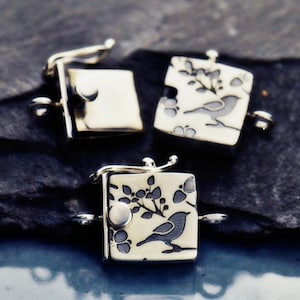 Sterling Silver Bird Box Clasp, Single Strand Sliding Clasp with Security Latch,  Song Bird with Cherry Blossoms, 19x13mm with 2 Loops - BC1