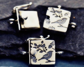 Sterling Silver Bird Box Clasp, Single Strand Sliding Clasp with Security Latch,  Song Bird with Cherry Blossoms, 19x13mm with 2 Loops - BC1